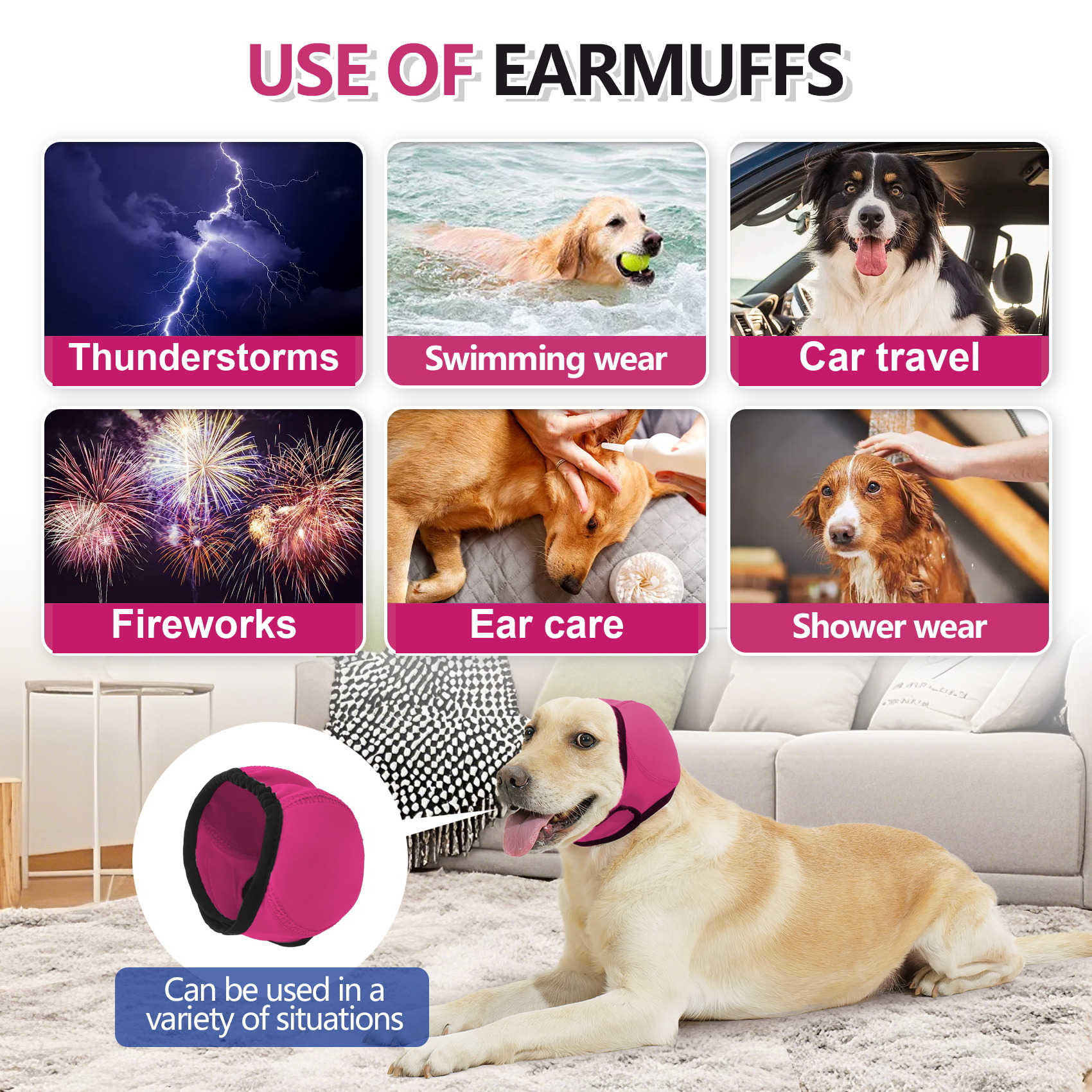 VD121 dog ear muffs shown in the six situations the supplier lists: thunderstorms, swimming, car travel, fireworks, ear care and bathing