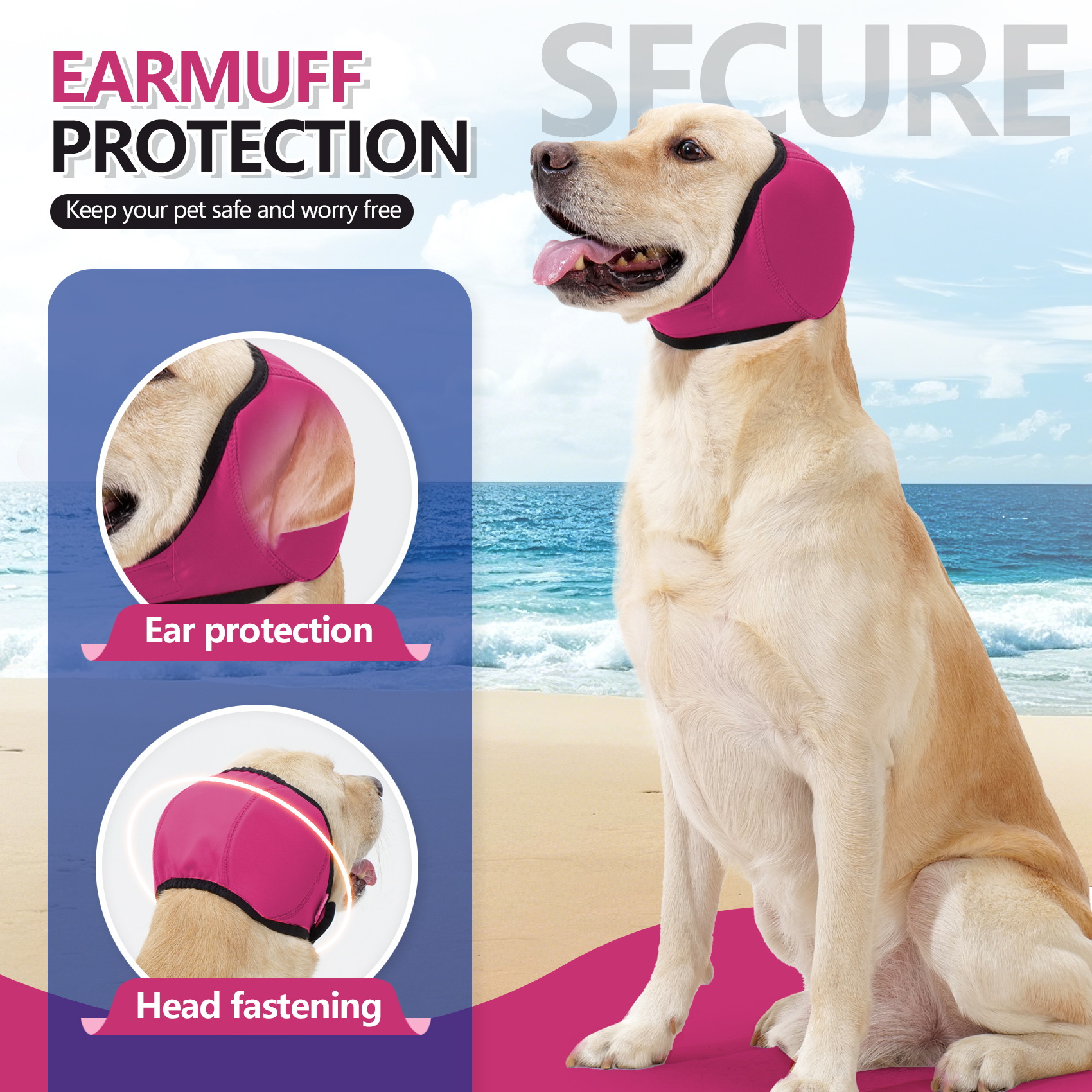 VD121 dog ear muffs shown on a labrador at the coast, with close-ups of the ear panel and the head fit
