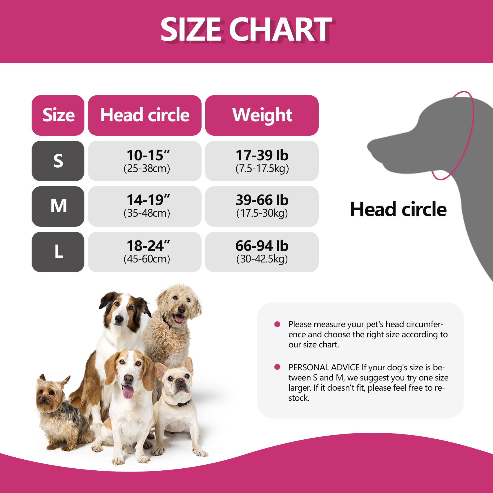 VD121 dog ear muffs size chart for S to L with head circle and suggested dog weight
