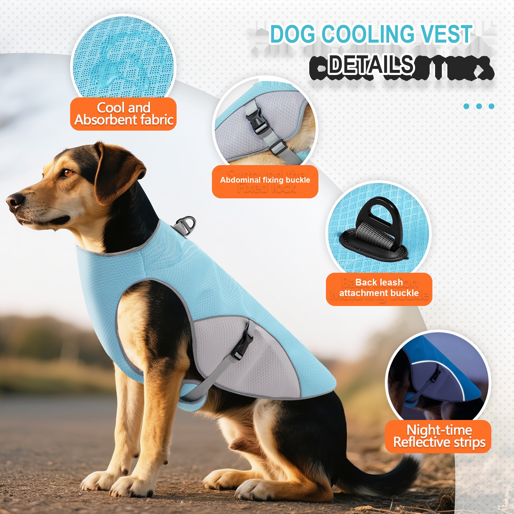 VD122 dog cooling vest details: the absorbent surface fabric, the abdominal fixing buckle and the back leash attachment buckle