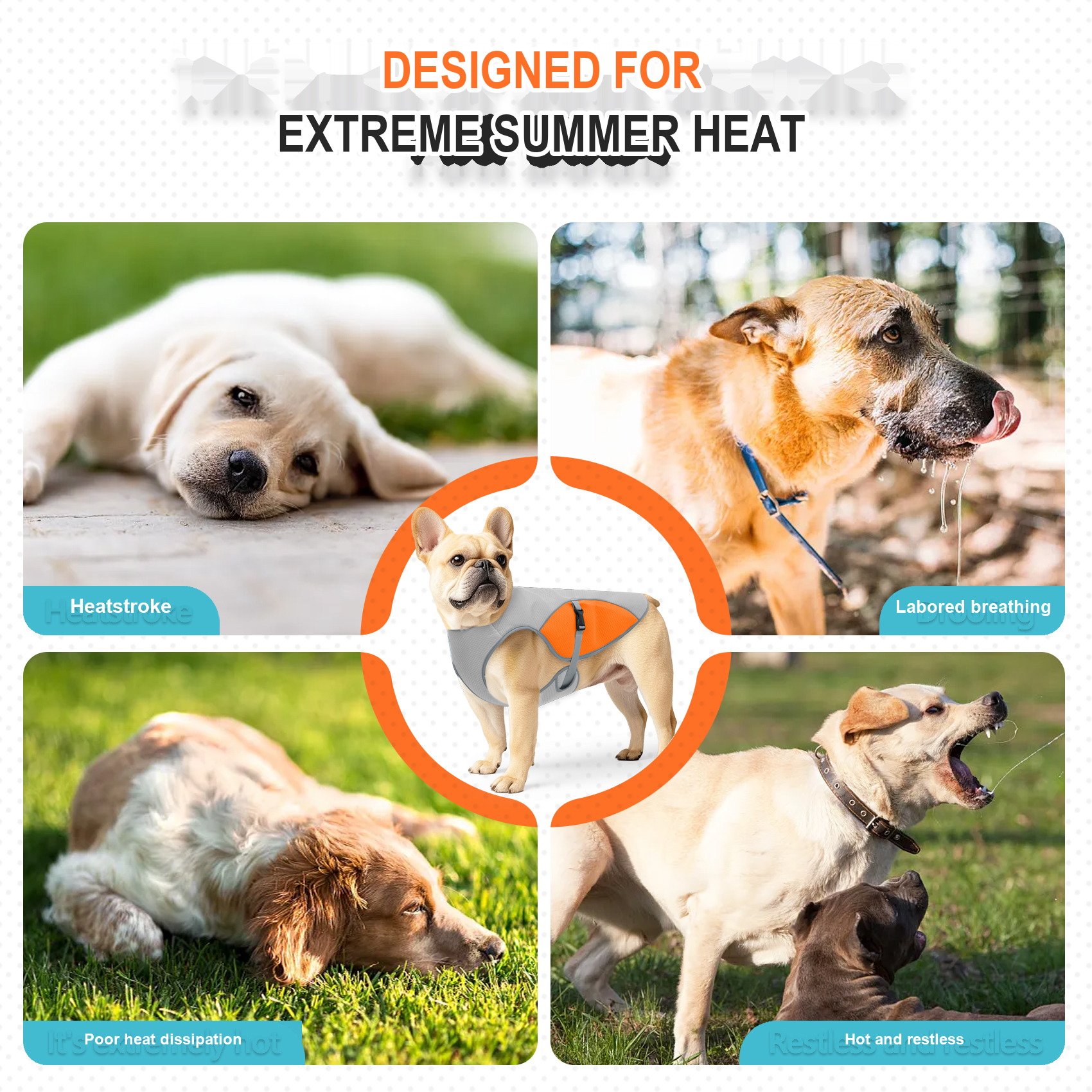 VD122 dog cooling vest shown in the warm-weather situations the supplier lists: heatstroke, labored breathing, poor heat dissipation and restlessness