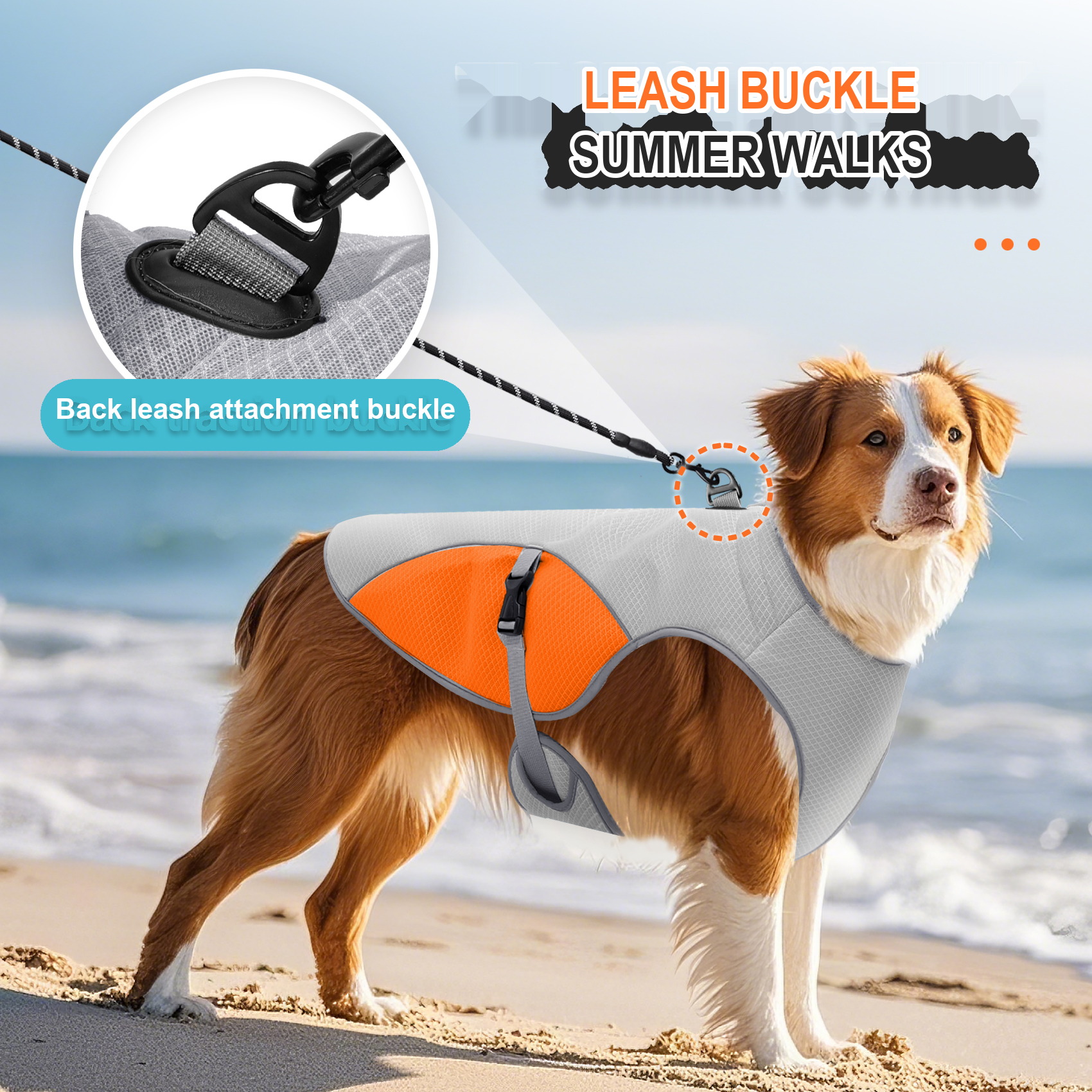 VD122 dog cooling vest in grey and orange showing the back leash attachment buckle used for summer walks