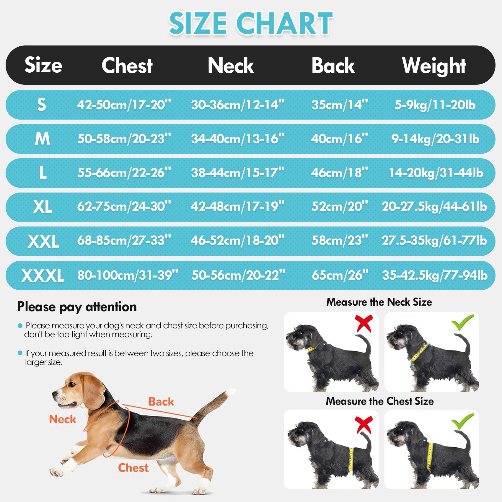 VD122 dog cooling vest size chart for S to XXXL with chest, neck, back length and suggested dog weight