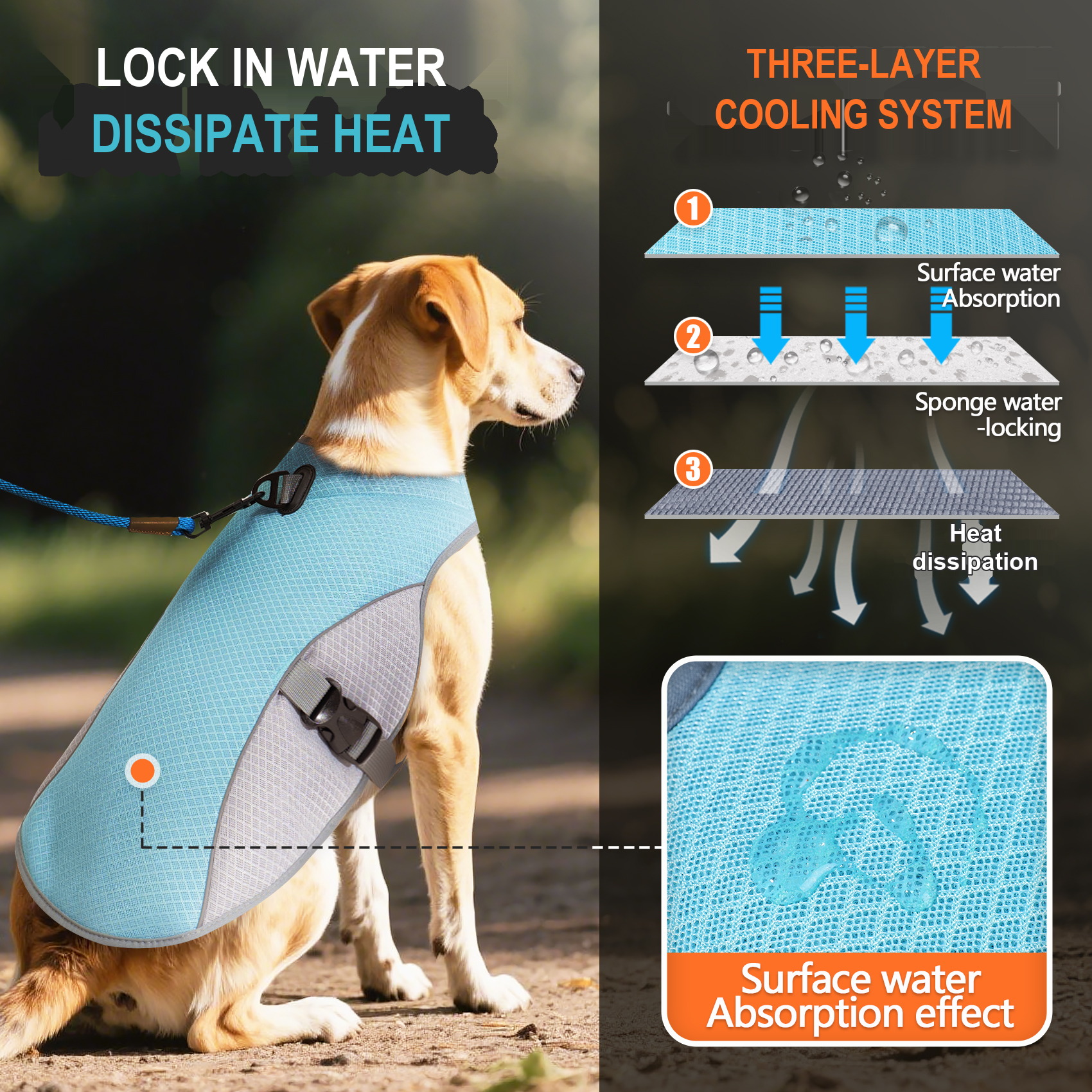 VD122 dog cooling vest three-layer construction: surface water absorption, the sponge water-locking layer and heat dissipation