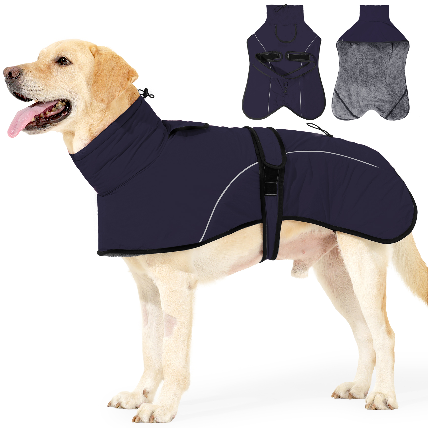VD127 dog winter cape in navy blue worn by a dog, with the flat views and the plush lining view beside it