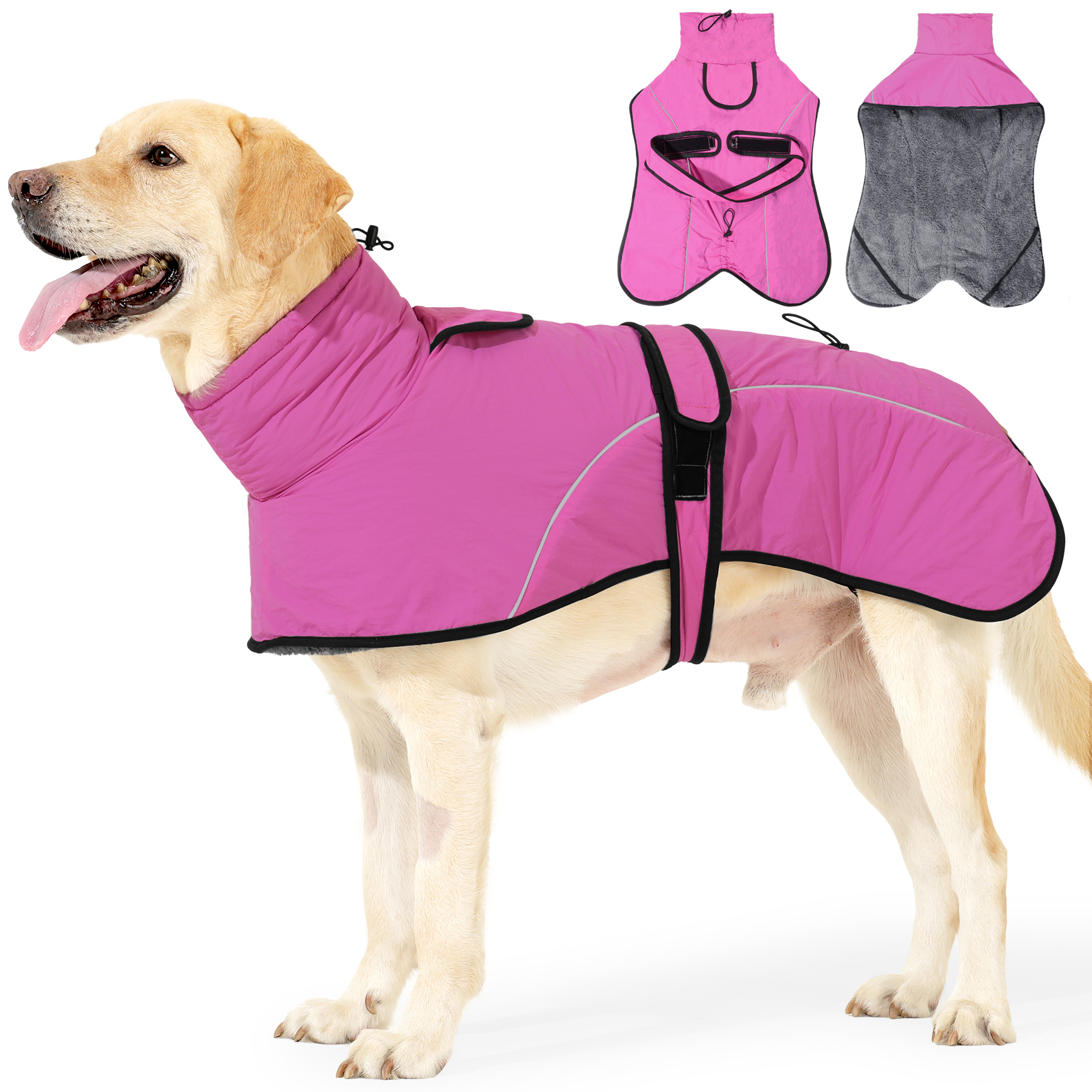 VD127 dog winter cape in rose red worn by a dog, with the flat views and the plush lining view beside it