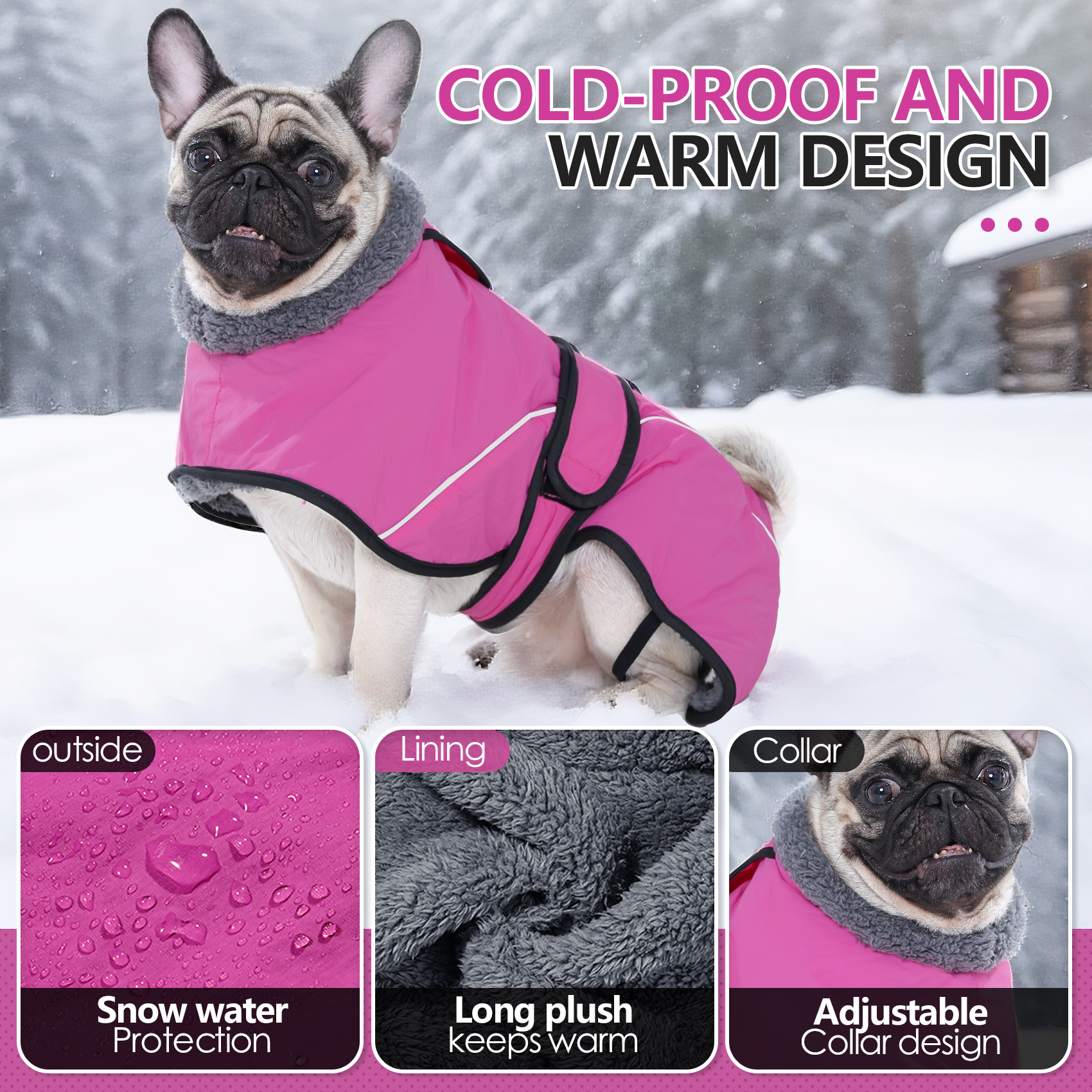 VD127 dog winter cape cold-proof and warm design, showing the snow water protection shell, the long plush lining and the adjustable collar
