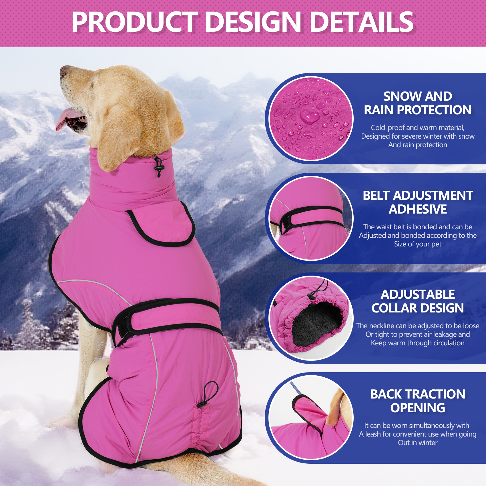 VD127 dog winter cape design details: snow and rain protection, belt adjustment, adjustable collar design and back traction opening