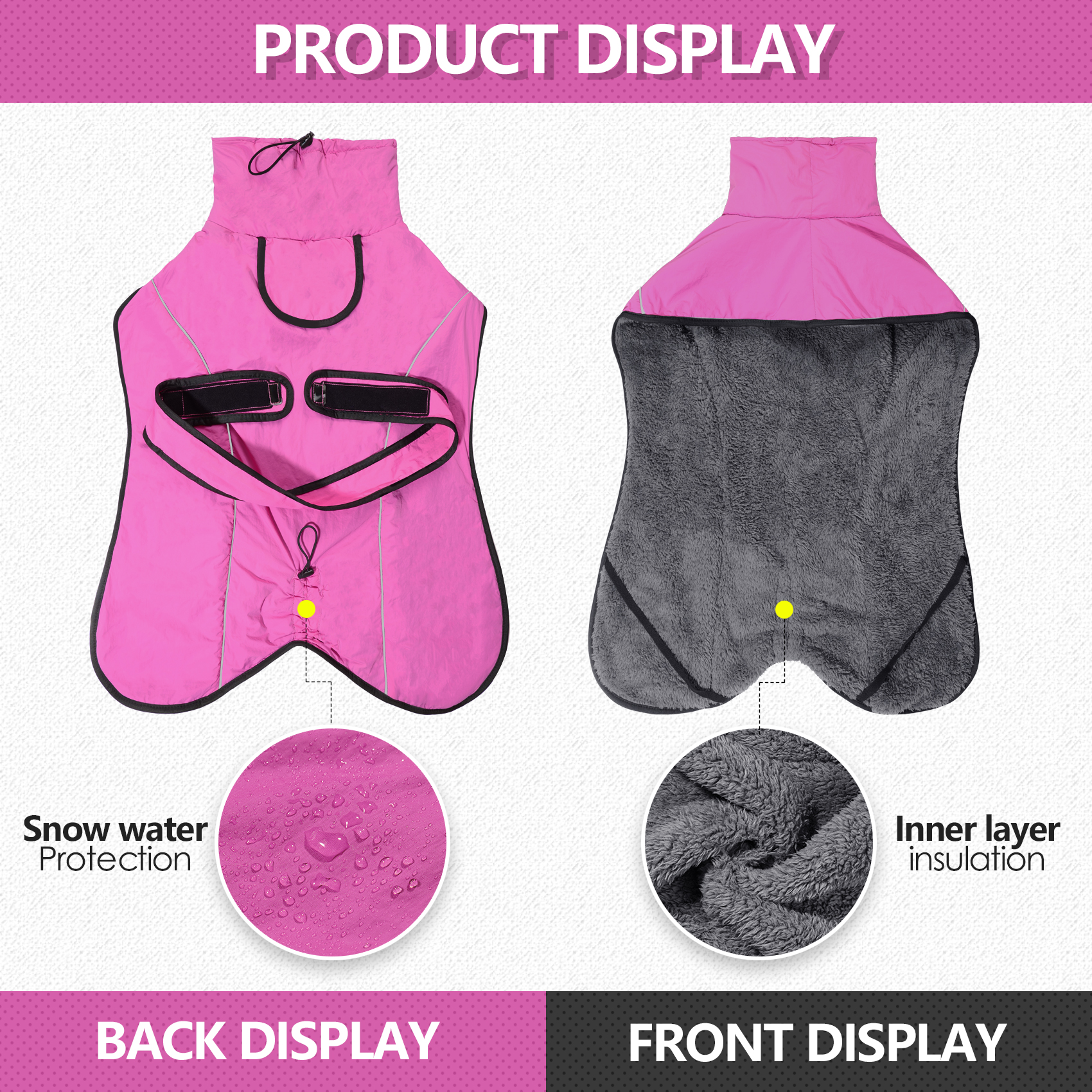 VD127 dog winter cape back and front display, the supplier artwork shows snow water protection on the shell and inner layer insulation on the lining