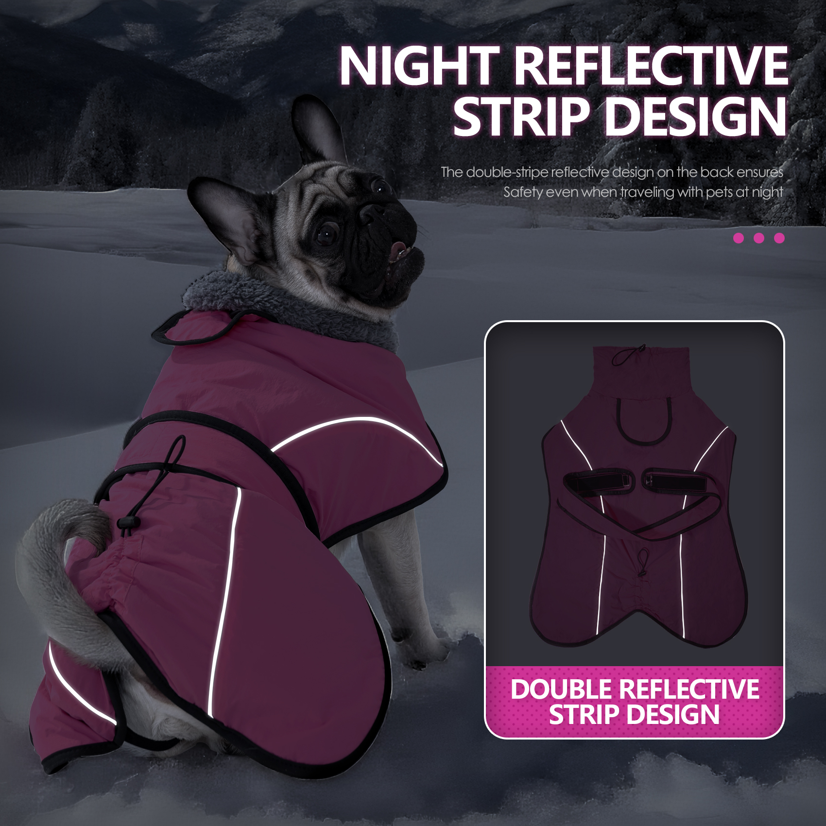 VD127 dog winter cape night reflective strip design, double reflective strips on the back