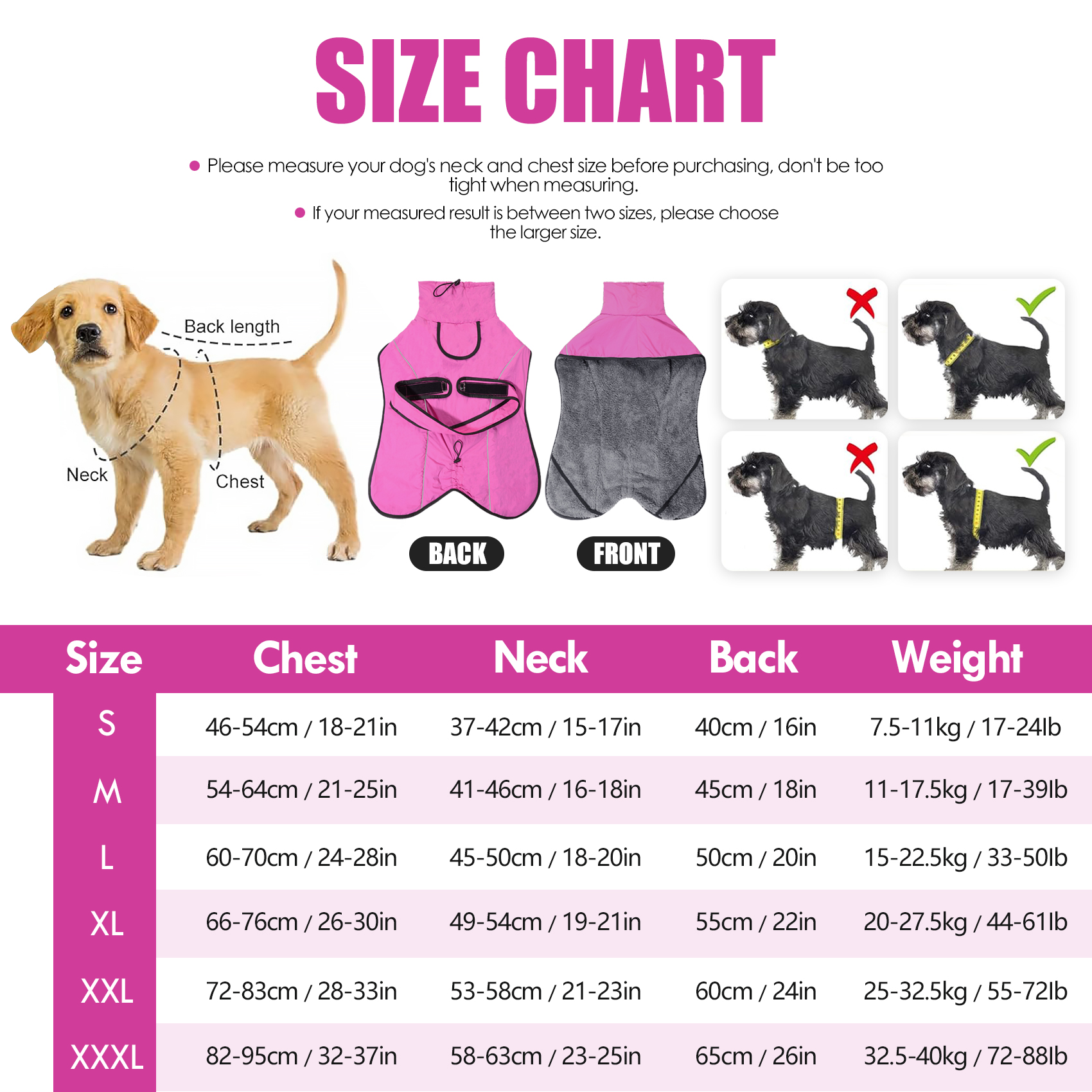 VD127 dog winter cape size chart for S to XXXL with chest, neck, back and suggested dog weight