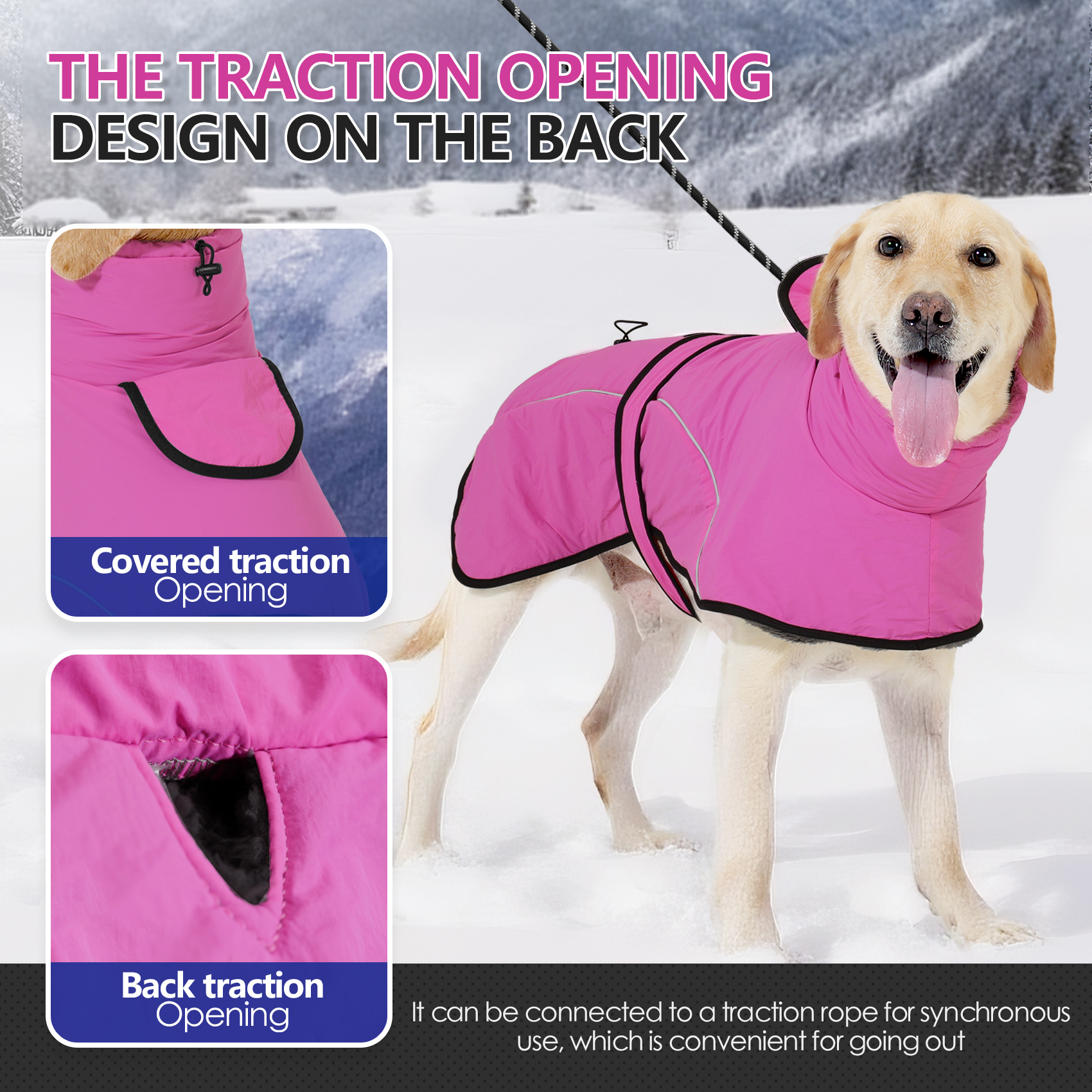 VD127 dog winter cape showing the covered back traction opening for a leash